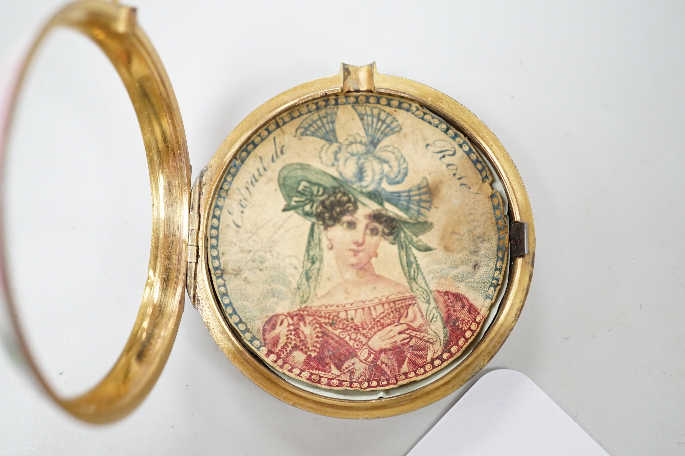 A George III pair gilt metal and polychrome enamel pair cased keywind verge pocket watch by Dubois & Wheeler of London, case diameter 56mm.